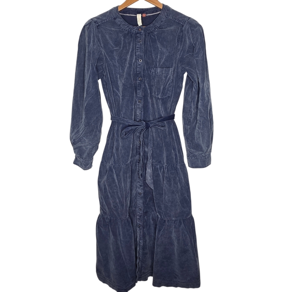 Pilcro Marta Tiered Dress Corduroy Midi Blue Small S Cotton Tie Waist Women's